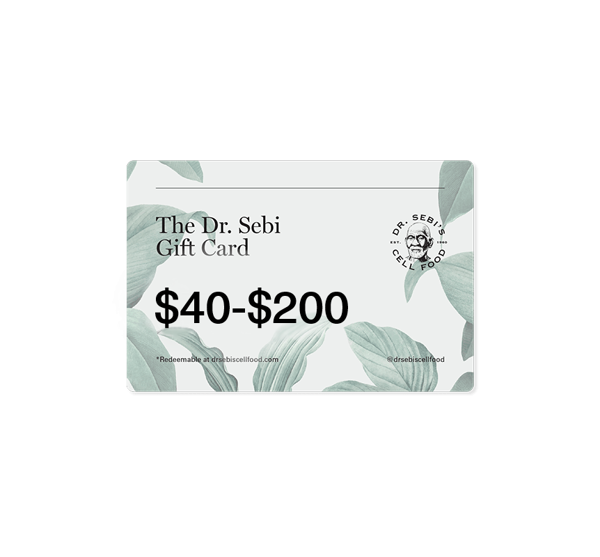 Dr. Sebi Gift Card ranging from $40-$200 with botanical leaf design and branding.
