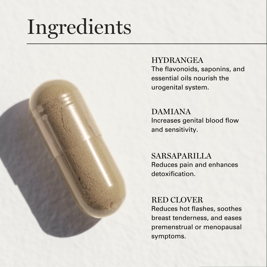 Beige herbal supplement capsule displayed with ingredient descriptions for hydrangea, damiana, sarsaparilla, and red clover.