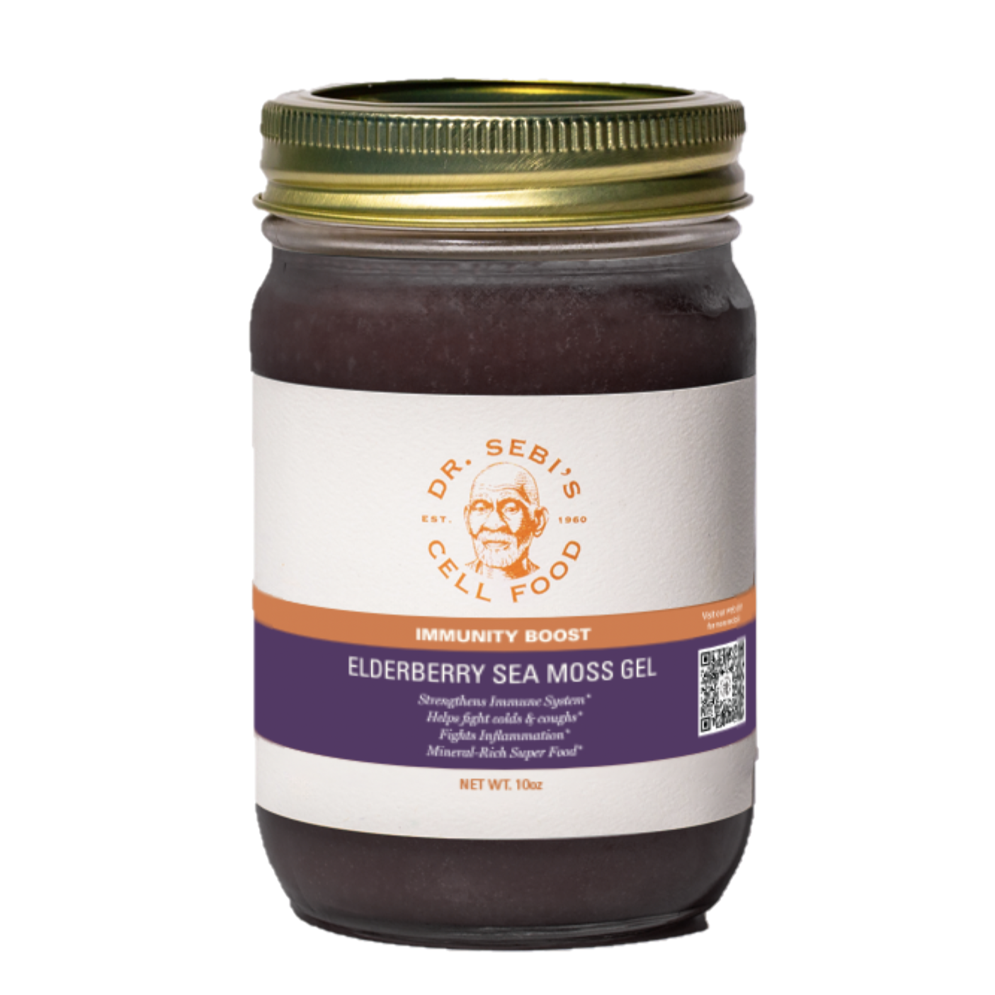 Dr. Sebi's Elderberry Sea Moss Gel Immunity Boost in a 10oz glass jar with gold lid.