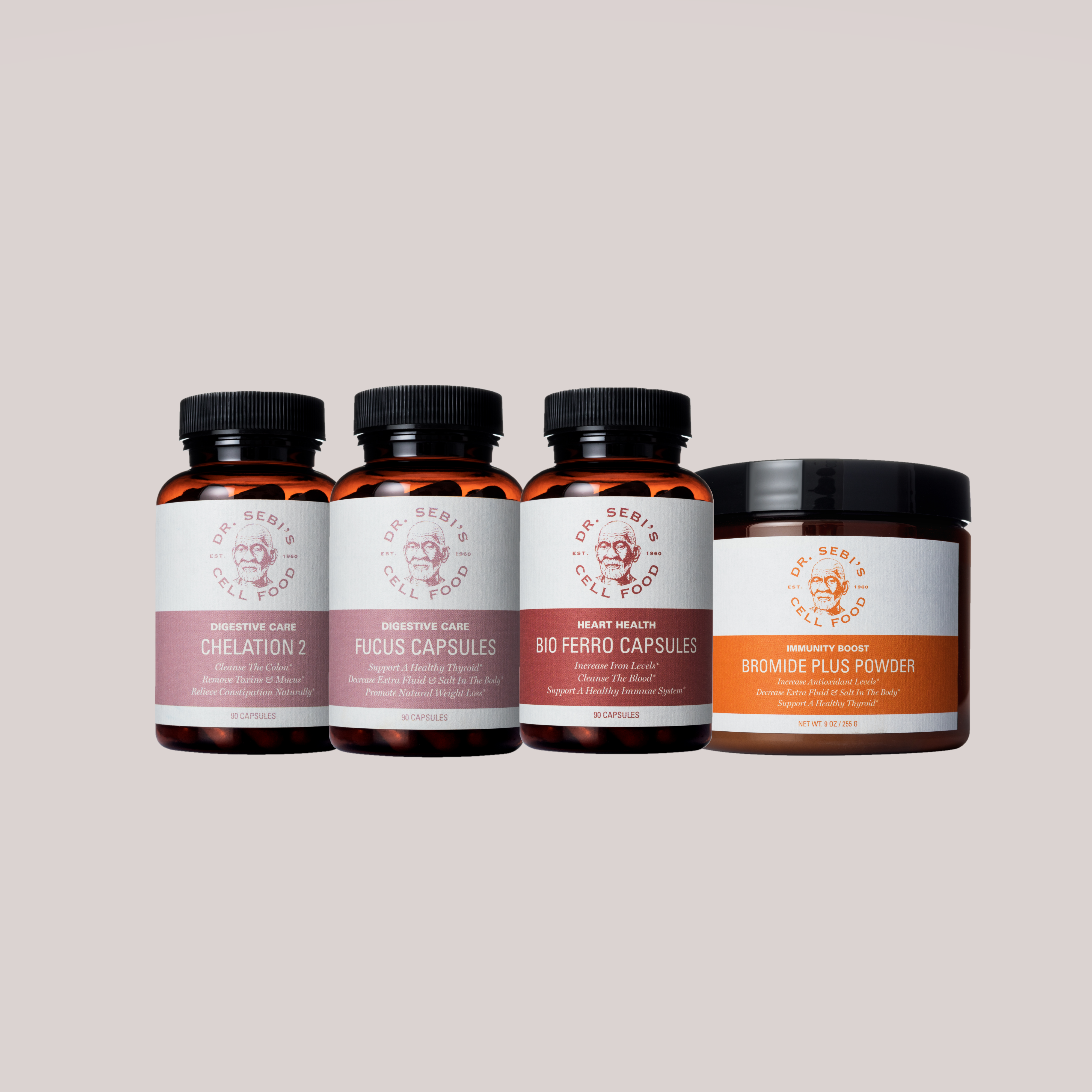 Dr. Sebi's Cell Food product line featuring Chelation, Focus, Bio Ferro, and Bromide Plus supplements in amber bottles and...