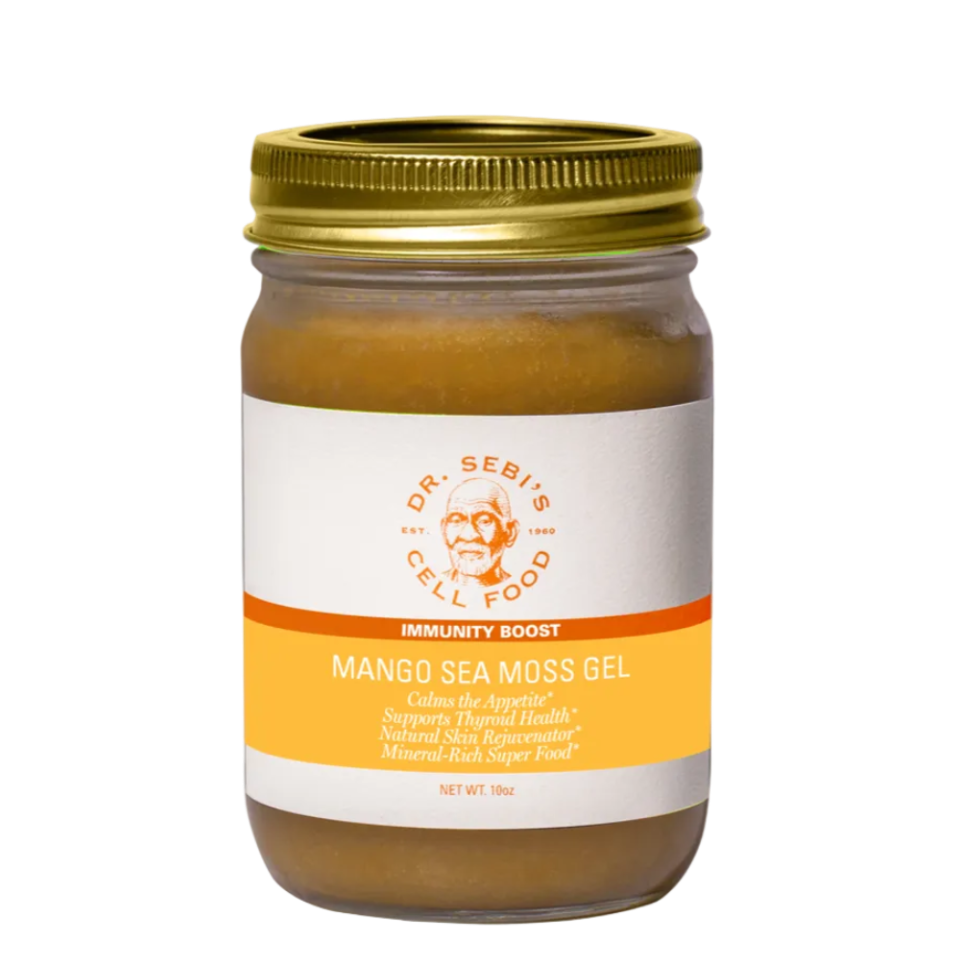 Dr. Sebi's Mango Sea Moss Gel in 10oz glass jar with gold lid, immunity boost supplement.