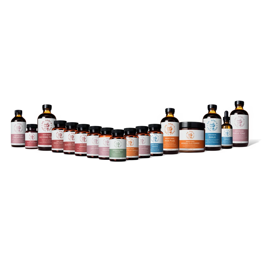 Complete collection of Dr. Sebi's herbal remedies and wellness supplements in amber glass bottles arranged in a row.