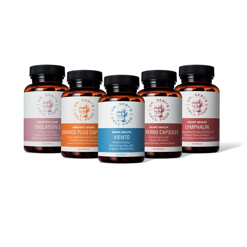 Five Dr. Sebi's Cell Food herbal supplement bottles in amber glass featuring Chelation, Bromide Plus, Viento, Ferro, and L...