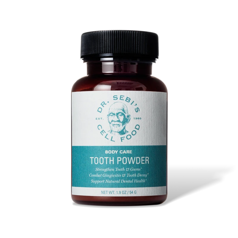 Dr. Sebi's Cell Food Tooth Powder in dark amber glass bottle with teal and white label.