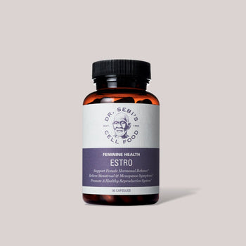 Dr. Sebi's Cell Food Estro supplement bottle for feminine health and hormonal balance, 90 capsules.