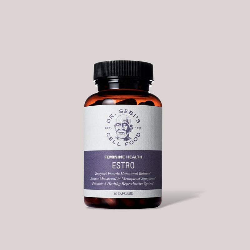 Dr. Sebi's Cell Food Estro supplement bottle for feminine health and hormonal balance, 90 capsules.
