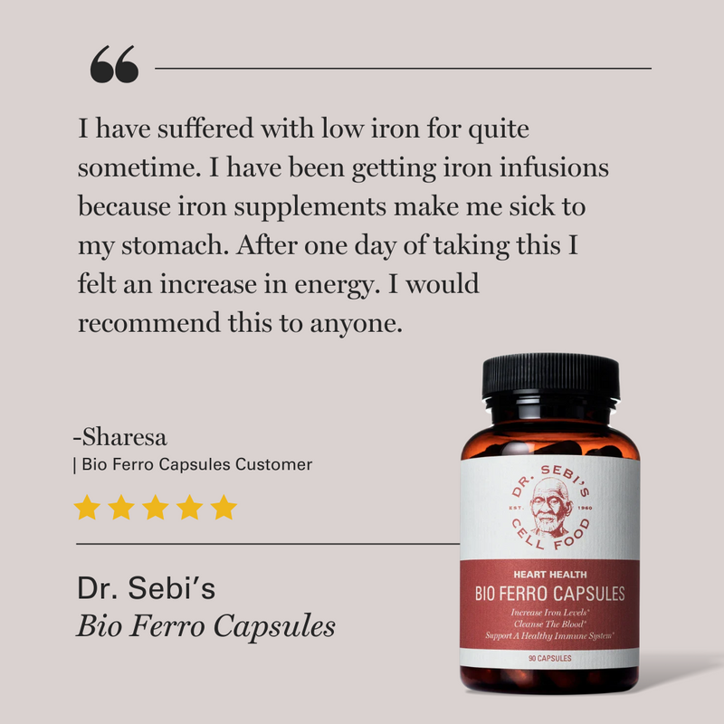 Customer testimonial for Dr. Sebi's Bio Ferro Capsules with 5-star rating and product bottle displayed.