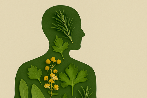 Silhouette of person filled with green herbs and yellow flowers representing natural wellness and herbal medicine.