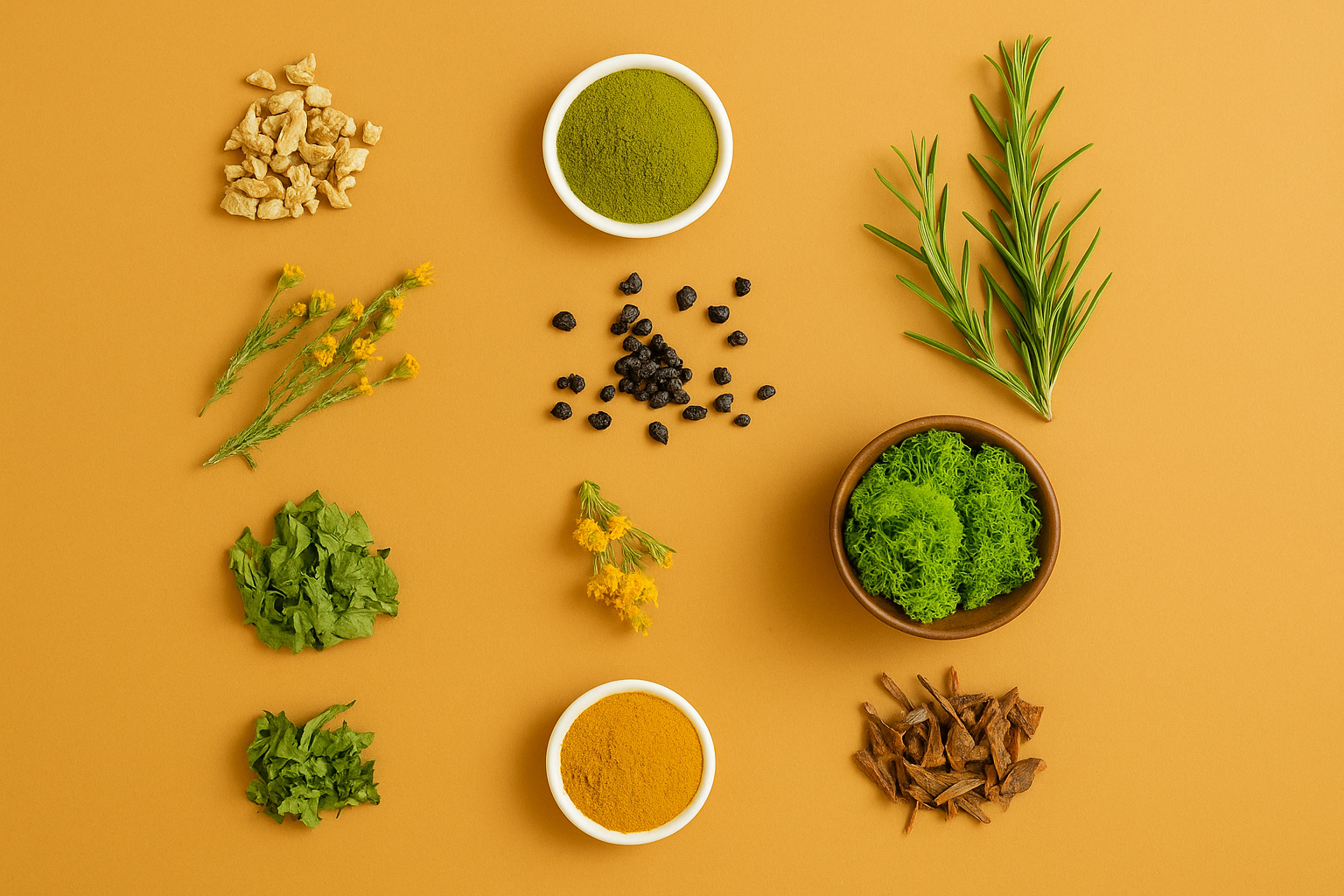 Assorted dried herbs, powders, and botanicals arranged on a golden background for natural wellness.