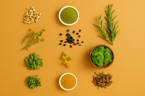 Assorted dried herbs, powders, and botanicals arranged on a golden background for natural wellness.