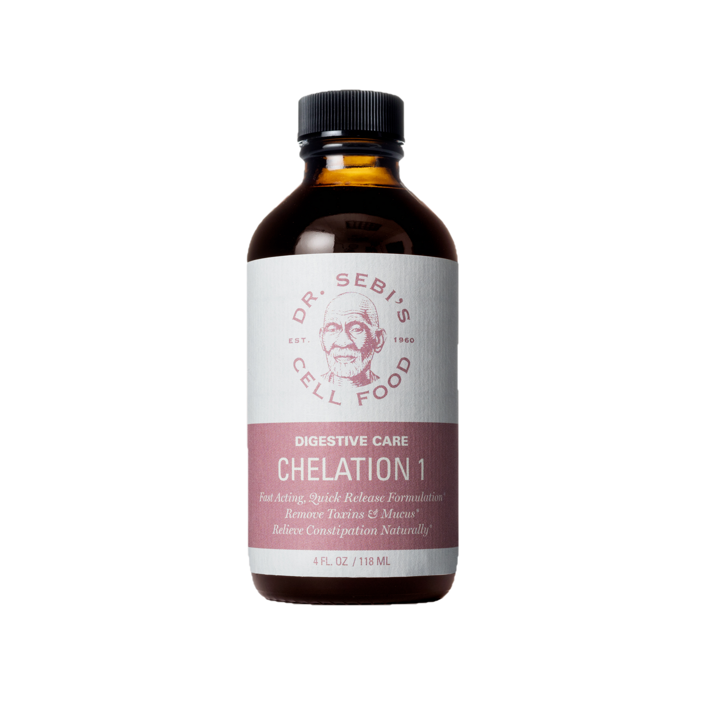 Dr. Sebi's Chelation 1 digestive care supplement bottle, 4 fl oz, for natural toxin removal and constipation relief.