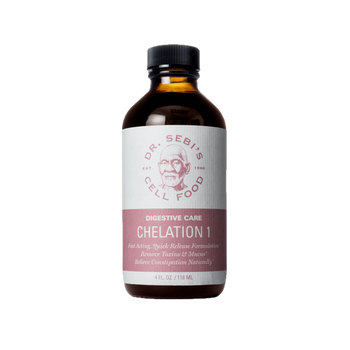 Dr. Sebi's Chelation 1 digestive care supplement bottle, 4 fl oz, for natural toxin removal and constipation relief.