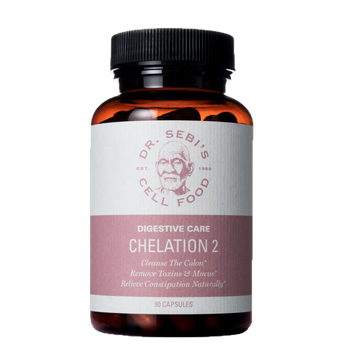 Dr. Sebi's Chelation 2 digestive care supplement bottle with 90 capsules for colon cleanse and natural constipation relief.
