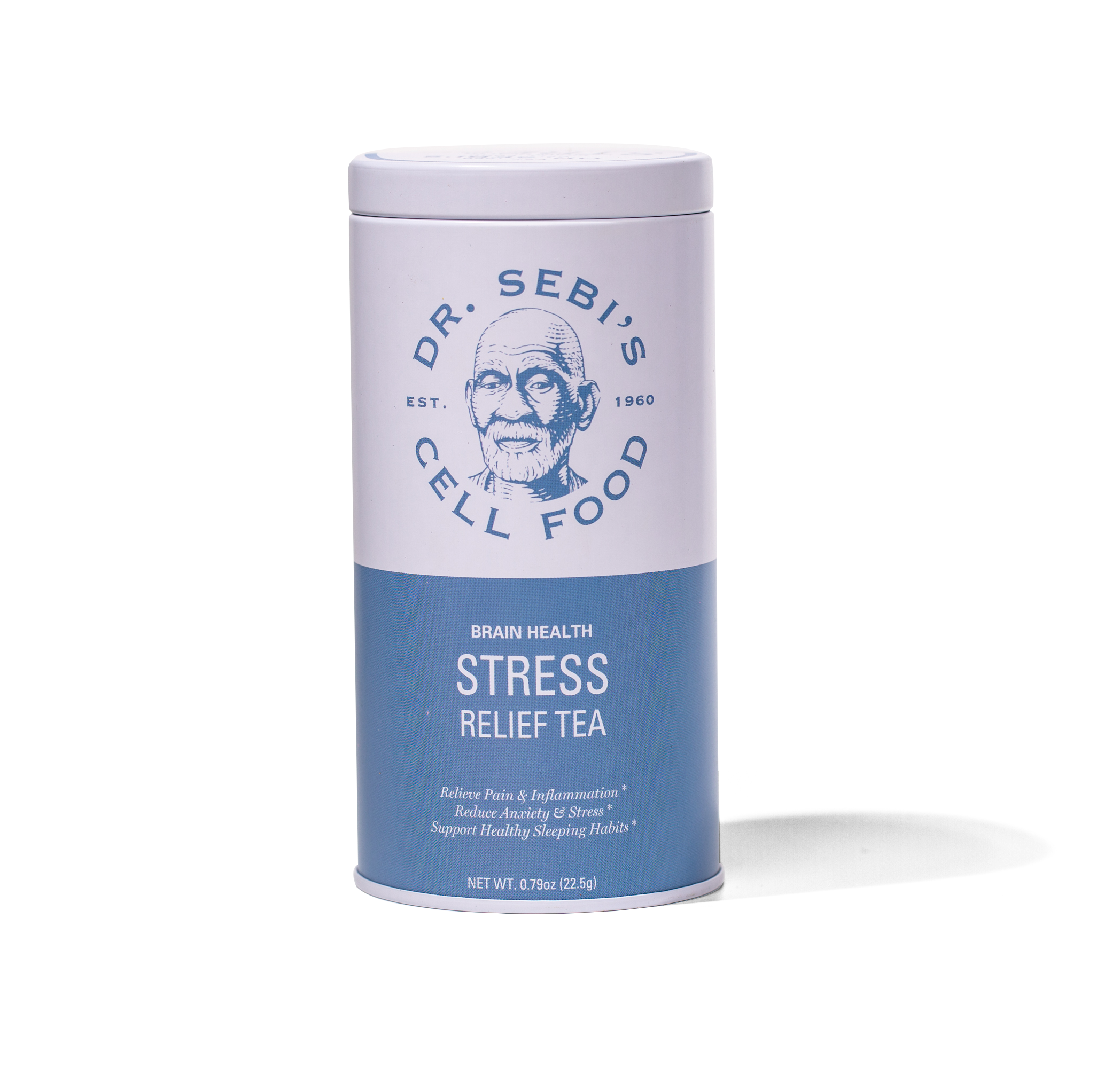 Stress Relief Tea half white & blue tea in can, tea to help you sleep
