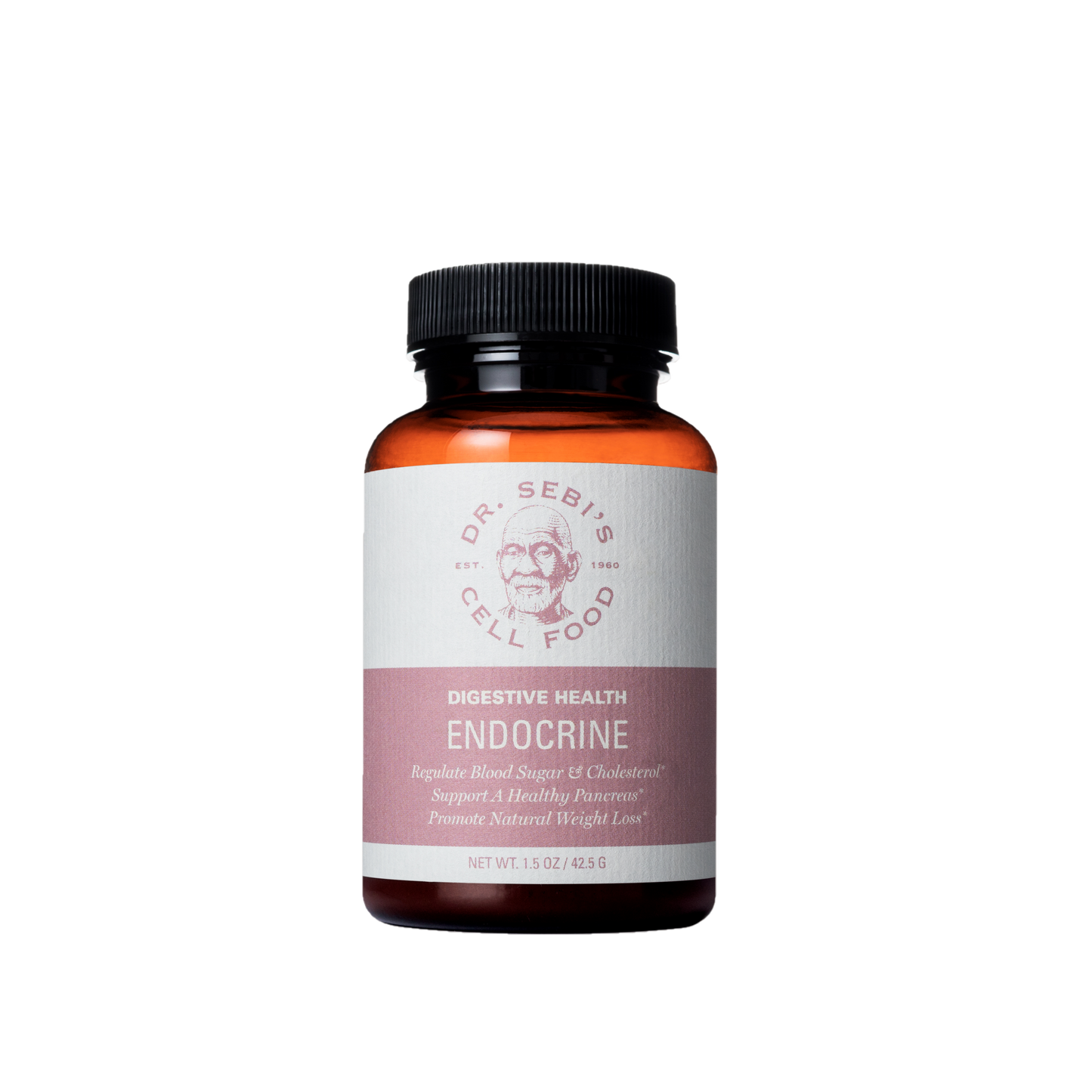 Dr. Sebi's Endocrine supplement bottle for digestive health and blood sugar regulation in amber glass container.