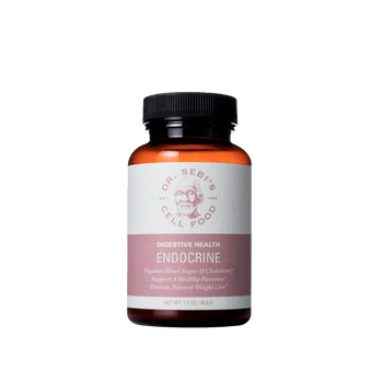 Dr. Sebi's Endocrine supplement bottle for digestive health and blood sugar regulation in amber glass container.