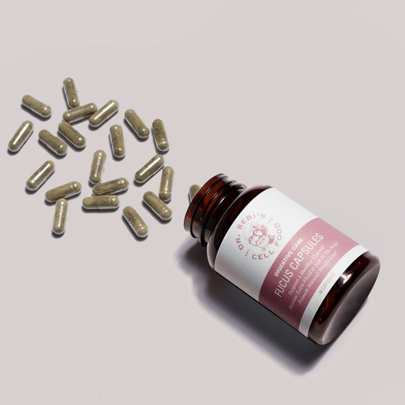Dr. Sebi's Floris Capsules bottle with loose herbal capsules displayed on a clean white background.