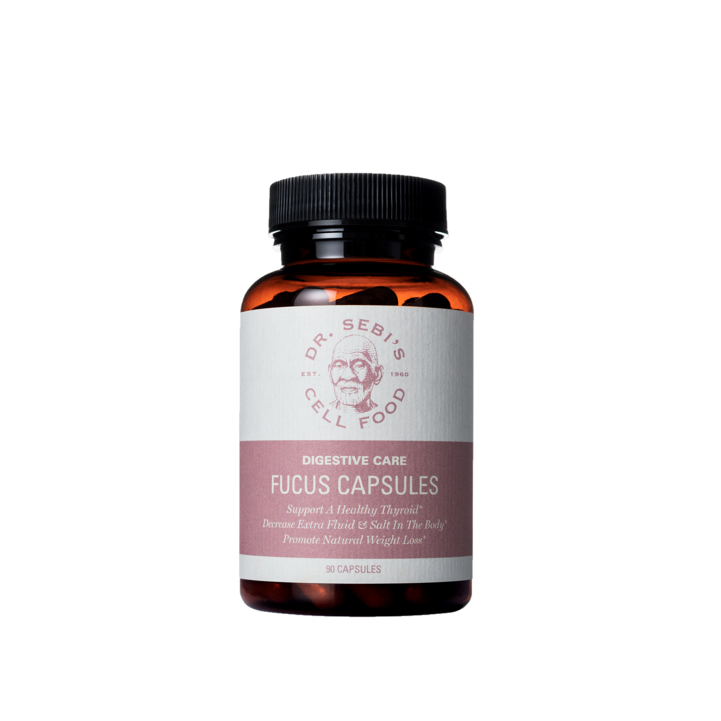 Dr. Sebi's Fucus Capsules in amber glass bottle with pink and white label for digestive care and thyroid support.
