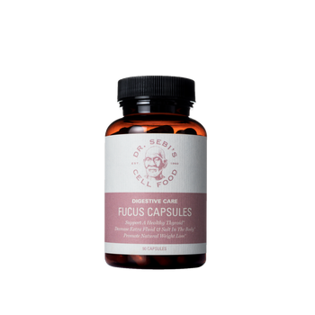 Dr. Sebi's Fucus Capsules in amber glass bottle with pink and white label for digestive care and thyroid support.