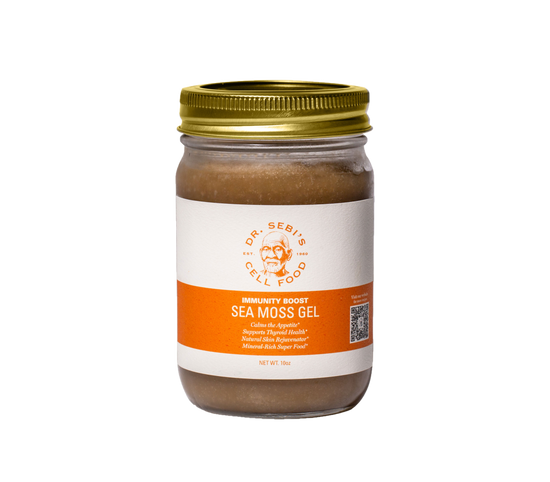 Dr. Sebi's Immunity Boost Sea Moss Gel in a 10oz glass jar with gold metal lid and orange label.
