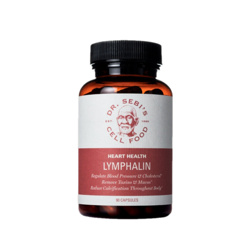 Dr. Sebi's Cell Food Heart Health Lymphalin supplement bottle with 90 capsules for blood pressure and cholesterol support.