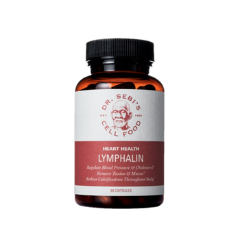 Dr. Sebi's Cell Food Heart Health Lymphalin supplement bottle with 90 capsules for blood pressure and cholesterol support.