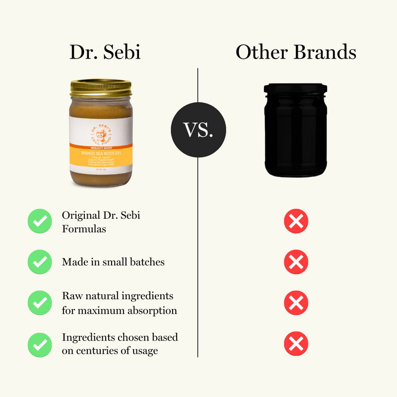 Dr. Sebi Mango Sea Moss Gel compared to other brands, highlighting original formulas, small batch production, raw ingredie...