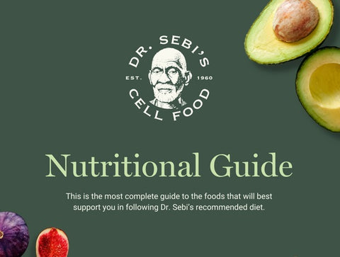 Dr. Sebi's Nutritional Guide cover featuring fresh avocados, grapefruit, and red cabbage on a green background.