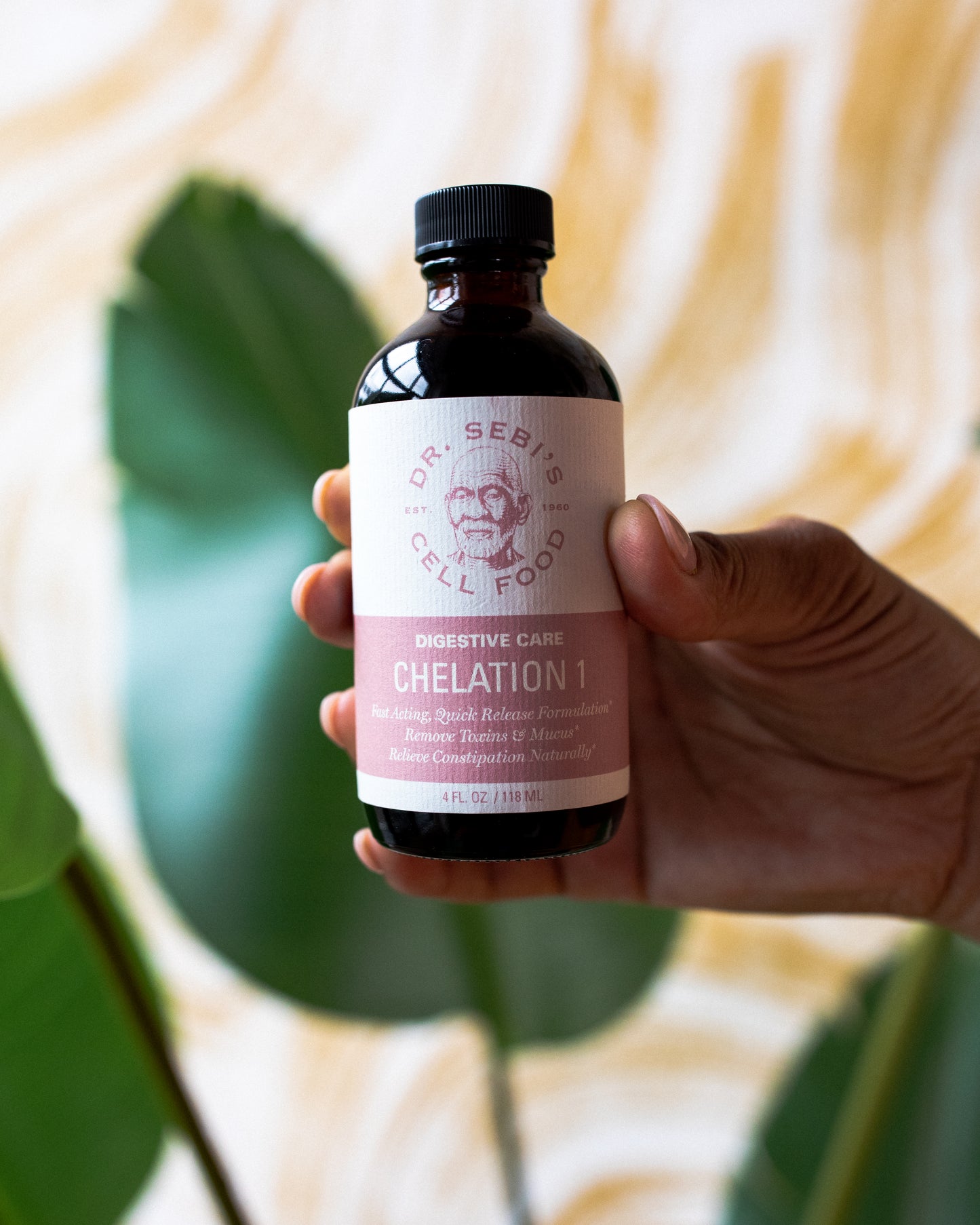 Hand holding Dr. Sebi's Chelation I digestive care bottle against a natural leafy background.