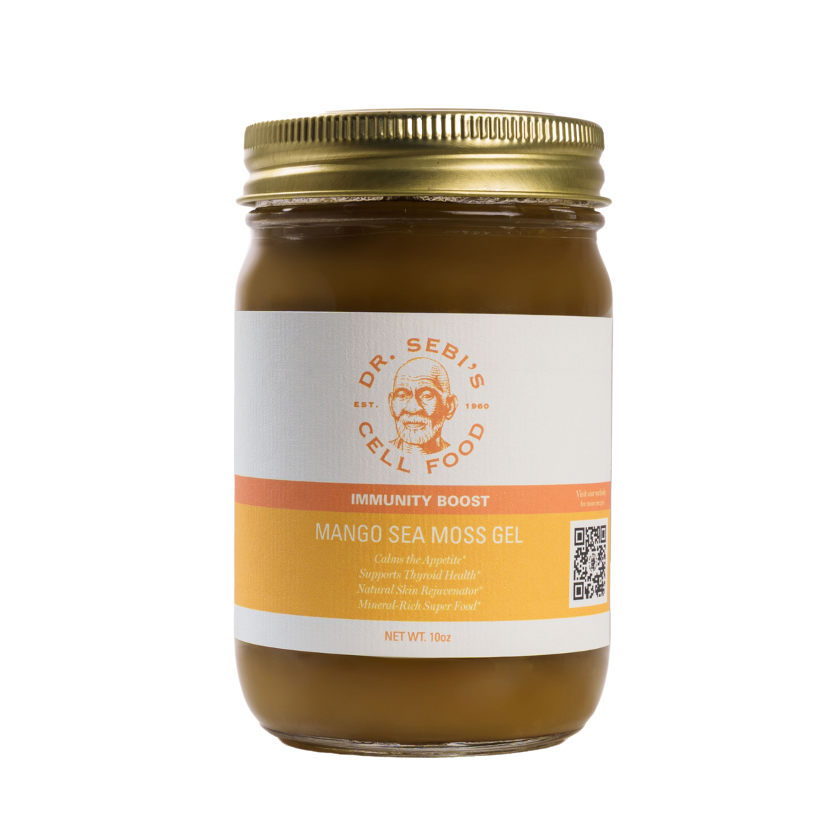 A glass jar of Dr. Sebi's Organic Mango Sea Moss Gel