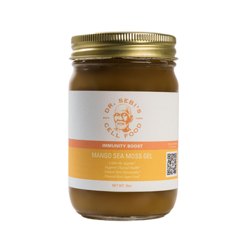 A glass jar of Dr. Sebi's Organic Mango Sea Moss Gel
