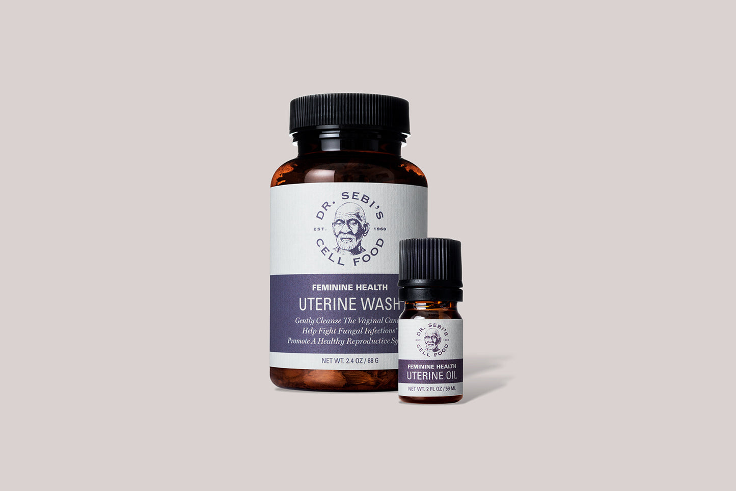 Dr. Sebi's Feminine Health Uterine Wash and Uterine Oil bottles displayed against a neutral background.