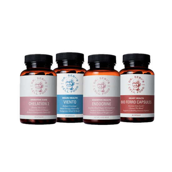 Four Dr. Sebi Cell Food supplement bottles: Chelation 2, Viento, Endocrine, and Bio Ferro Capsules for digestive, brain, a...