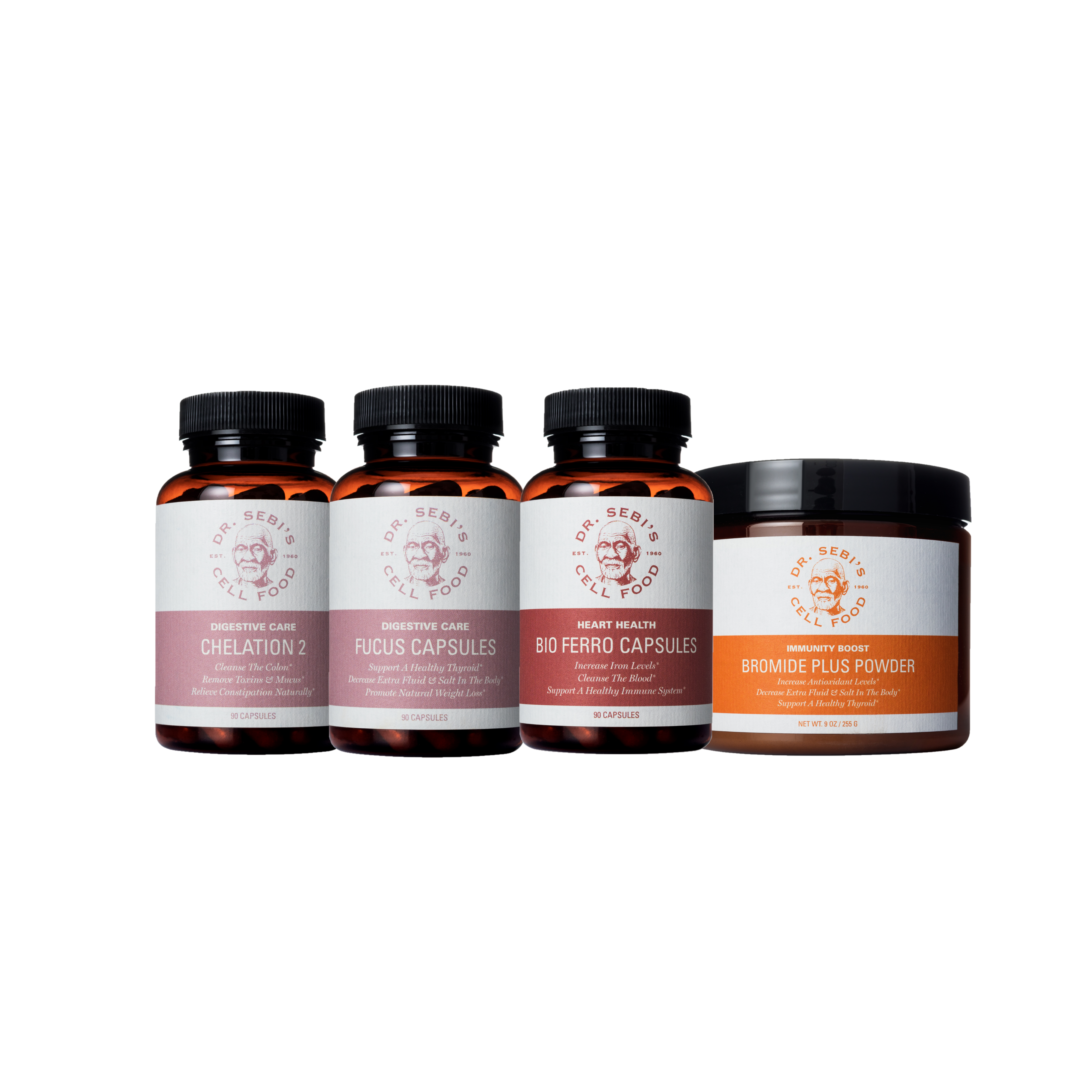 Four Dr. Sebi's Cell Food products: Chelation, Fucus Capsules, Bio Ferro Capsules, and Bromide Plus Powder in amber glass ...