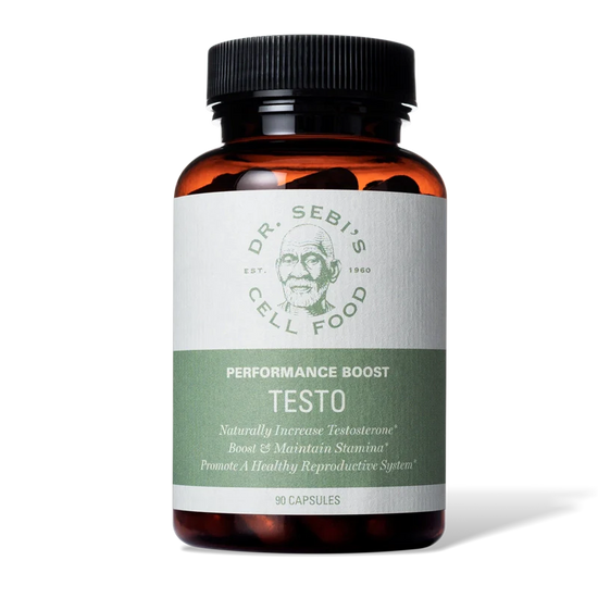 Dr. Sebi's Performance Boost Testo supplement bottle with amber glass and green label, 90 capsules.