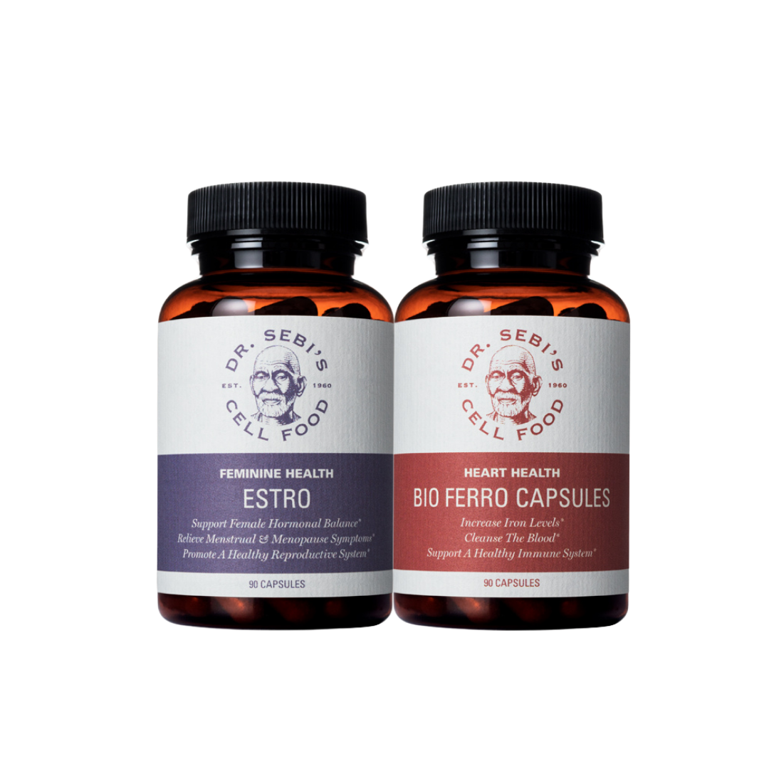 Dr. Sebi's Cell Food Estro and Bio Ferro Capsules for feminine and heart health support.