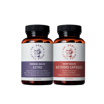 Dr. Sebi's Cell Food Estro and Bio Ferro Capsules for feminine and heart health support.