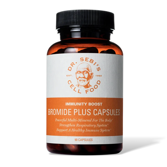 Dr. Sebi's Bromide Plus Capsules bottle in amber glass with orange and white label, 90 capsules for immunity and respirato...