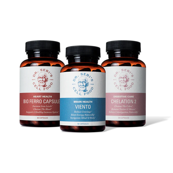 Three Dr. Sebi Cell Food supplement bottles: Bio Ferro Capsule for heart health, Viento for brain health, and Chelation 2 ...