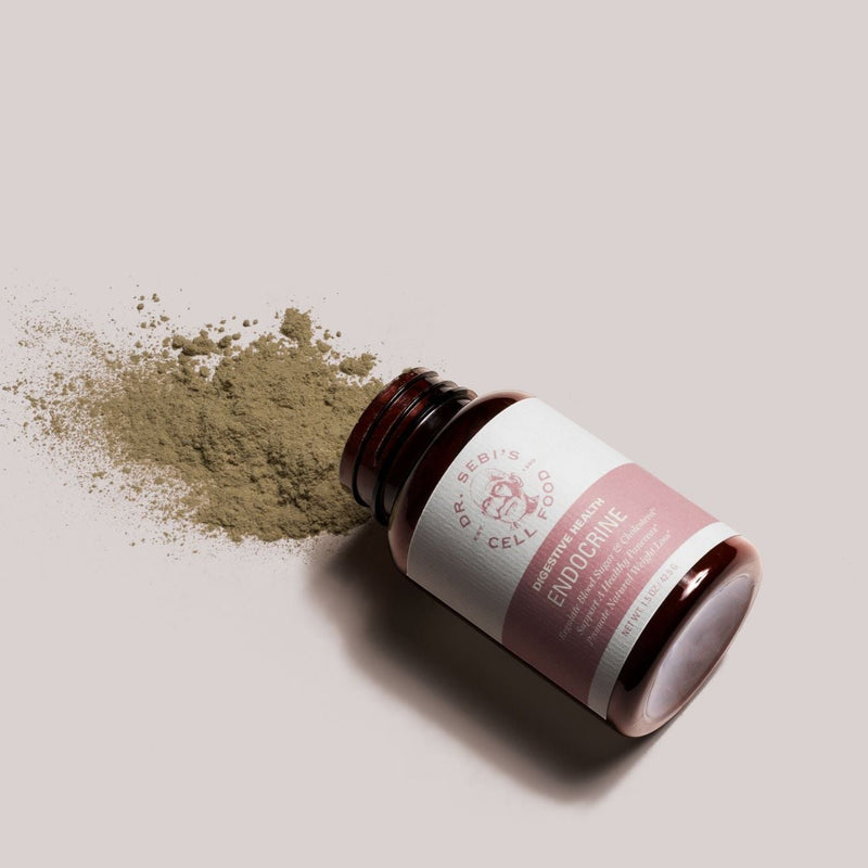 Dr. Sebi's Endocrine supplement bottle with loose herbal powder displayed against a neutral background.