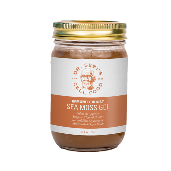 Dr. Sebi's Immunity Boost Sea Moss Gel, 10oz jar with gold lid and orange label against white background.