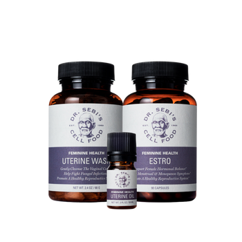 Dr. Sebi's Feminine Health trio: Uterine Wash, Estro capsules, and Uterine Oil in amber glass bottles.