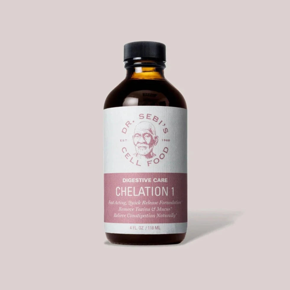 Dr. Sebi's Chelation 1 digestive care supplement bottle against a neutral background.