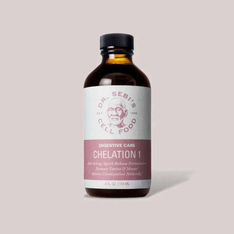 Dr. Sebi's Chelation 1 digestive care supplement bottle against a neutral background.