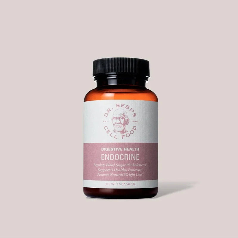 Dr. Sebi's Cell Food Endocrine supplement bottle for digestive health and blood sugar regulation against a neutral backgro...