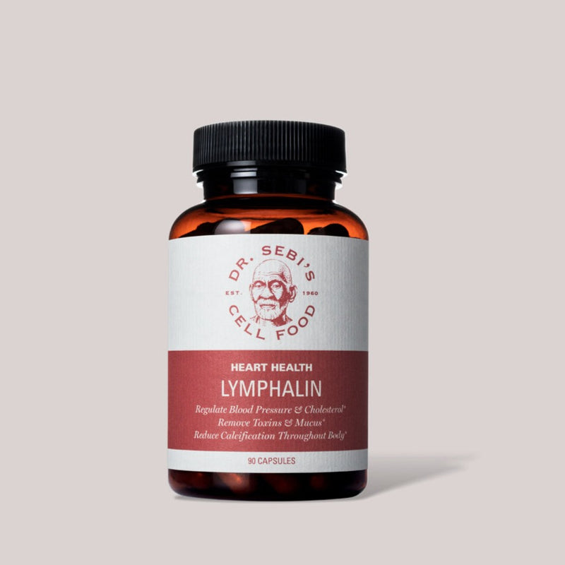 Dr. Sebi's Lymphalin Heart Health supplement bottle with 90 capsules for blood pressure and cholesterol support.