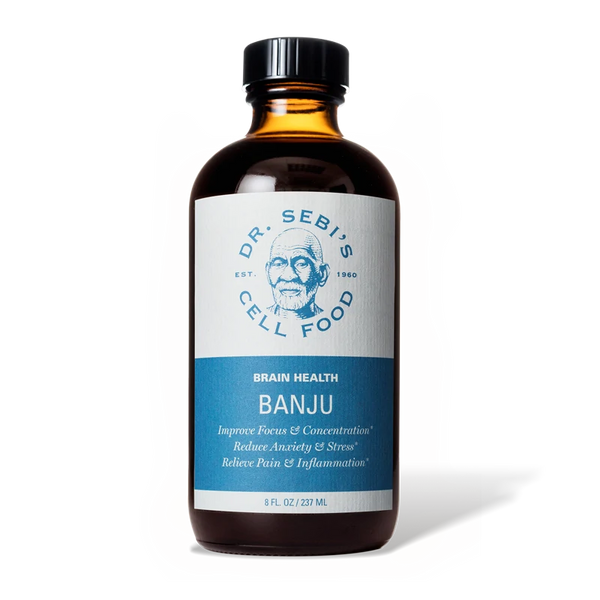 Dr. Sebi's Cell Food Brain Health Banju supplement bottle for focus, concentration, and stress relief.