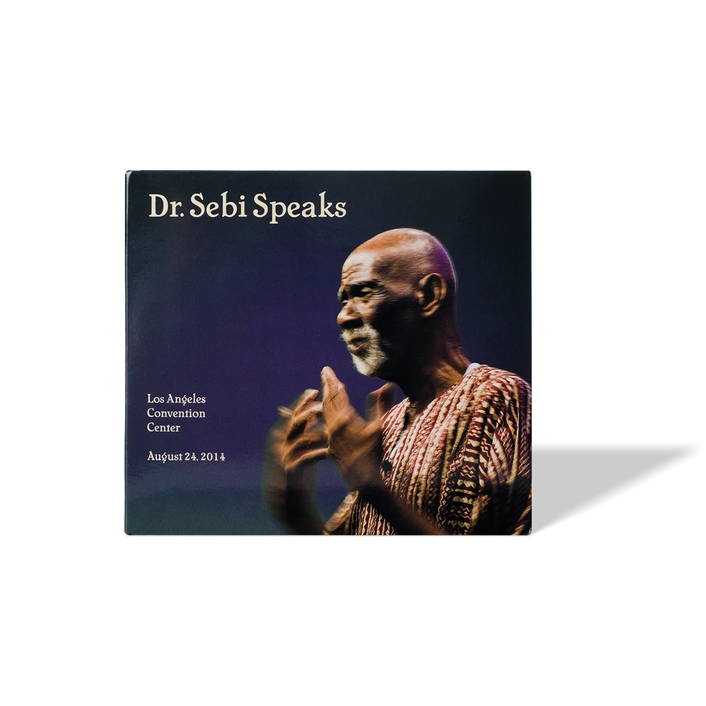Dr. Sebi Speaks DVD cover from Los Angeles Convention Center, August 24, 2014 featuring a man speaking gesturing with hands.