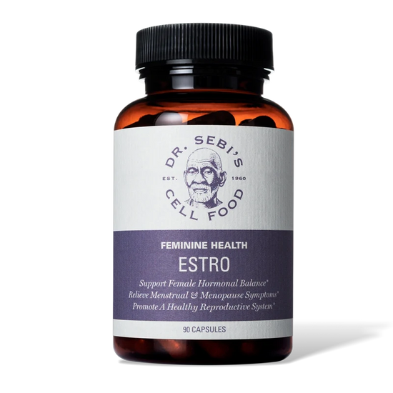Dr. Sebi's Feminine Health Estro supplement bottle containing 90 capsules for hormonal balance and menopause support.