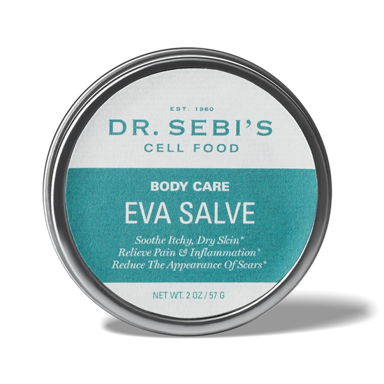 Dr. Sebi's Cell Food Eva Salve in a tin container for soothing itchy, dry skin and reducing scars.